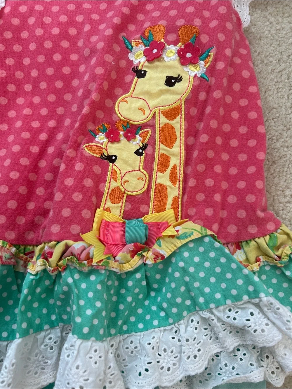 Girls 4t two piece outfit set giraffe lace trim polka dots floral flowers